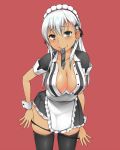  alternate_hair_color alternate_skin_color apron aqua_eyes black_legwear blush breasts cleavage cowboy_shot dark_skin hair_between_eyes hair_ornament hairclip kantai_collection large_breasts long_hair looking_at_viewer maid maid_headdress moshi_(atelier33-4) panties panty_pull pulled_by_self red_background short_sleeves silver_hair simple_background smile solo suzuya_(kantai_collection) sweat thighhighs underwear undressing wrist_cuffs 