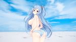  ass bangs blue_eyes blue_hair blue_sky blush breasts cloud cloudy_sky day emori_miku emori_miku_project eyebrows_visible_through_hair hair_ornament hair_over_breasts hairclip highres large_breasts long_hair looking_at_viewer miko_92 open_mouth panties sideboob sky solo striped striped_panties topless underwear 