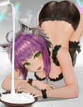  agrius_metamorphosis all_fours animal_ears animal_print ass atalanta_(alter)_(fate) atalanta_(fate) bad_anatomy bangs black_legwear blush bowl cat_ears cat_print commentary danann error eyebrows_visible_through_hair fate/grand_order fate_(series) frills green_eyes half_updo highres lingerie looking_at_viewer milk multicolored_hair open_mouth pet_play pouring purple_hair short_hair sidelocks solo thighhighs top-down_bottom-up two-tone_hair underwear underwear_only 