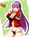  :d aoba_(smartbeat) bikini black_bikini blue_eyes breasts character_name cleavage fate/grand_order fate_(series) jacket large_breasts long_hair looking_at_viewer navel open_mouth pointing pointing_at_viewer purple_hair saint_martha saint_martha_(swimsuit_ruler)_(fate) smile solo swimsuit 