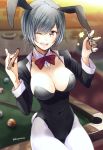  ;d animal_ears bangs billiards black_leotard blurry blurry_background bow bowtie breasts bunny_ears bunny_girl bunny_tail bunnysuit cleavage commentary_request covered_nipples cowboy_shot cue_ball cue_stick cuff_links detached_collar glint grey_hair hands_up highleg highleg_leotard highres holding indoors large_breasts leotard long_sleeves looking_at_viewer nail_polish one_eye_closed open_mouth original pantyhose pink_eyes pool_table purple_nails purple_neckwear short_hair signature sitting sleeve_cuffs smile solo swept_bangs tail teeth west_potato white_legwear wing_collar 