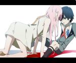  1girl black_hair blue_eyes commentary couple darling_in_the_franxx face-to-face highres hiro_(darling_in_the_franxx) horns leje39 long_hair looking_at_viewer military military_uniform necktie nightgown open_clothes pink_hair red_neckwear scarf sitting uniform white_nightgown zero_two_(darling_in_the_franxx) 