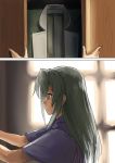  closed_mouth ebizome from_side green_eyes green_hair grey_hair indoors japanese_clothes jinbaori kantai_collection kimono long_hair purple_kimono remodel_(kantai_collection) sidelocks solo tasuki upper_body window zuikaku_(kantai_collection) 