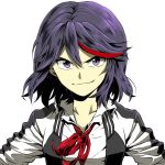  bad_id bad_pixiv_id black_hair blue_eyes collarbone jacket kill_la_kill kmmakoto looking_at_viewer matoi_ryuuko multicolored_hair red_neckwear red_ribbon ribbon short_hair smile solo streaked_hair sukajan two-tone_hair 