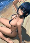  absurdres arm_support ass bangs barefoot bikini black_bikini blue_eyes blue_hair blunt_bangs breasts cleavage collarbone covering_face from_above fubuki_(one-punch_man) gumroad_reward highres large_breasts lasterk looking_at_viewer looking_up mouth_hold ocean on_ground one-punch_man paid_reward sand shadow shiny shiny_hair shore short_hair sitting soles solo sunlight swimsuit tsurime wariza water 