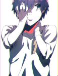  absurdres black_hair blue_eyes bracelet commentary_request darling_in_the_franxx hair_over_one_eye hand_on_own_face hand_on_own_neck highres hiro_(darling_in_the_franxx) jewelry leje39 male_focus shirt solo strangle_mark 
