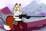  2017 absurd_res animal_humanoid big_breasts biped black_gloves blonde_hair blue_eyes bottomwear breasts cleavage clothed clothing detailed_background digital_media_(artwork) digital_painting_(artwork) dipstick_tail dirtyscoundrel eyebrows female fox_humanoid fully_clothed fur gloves gun hair hi_res holding_object holding_rifle holding_weapon humanoid hunting light_skin midriff multicolored_tail orange_ears orange_fur orange_tail outside pants ranged_weapon red_bottomwear red_clothing red_pants rifle scope shirt signature solo tank_top topwear weapon white_clothing white_fur white_tanktop white_topwear year yellow_eyebrows 