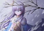  absurdres anastasia_(fate/grand_order) aqua_eyes bad_id bad_pixiv_id bare_tree blurry choker crown day depth_of_field doll eyebrows_visible_through_hair fate/grand_order fate_(series) hair_between_eyes hair_blowing hair_ribbon highres long_hair looking_at_viewer mini_crown mishiro0229 mountain outdoors overcast parted_lips ribbon robe silver_hair snowing solo tree upper_body wind winter 