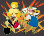  2018 aggressive_retsuko animal_crossing anthro buxbi canine claws clothed clothing crossover digital_media_(artwork) dog electric_guitar female footwear glowing glowing_eyes guitar holding_object isabelle_(animal_crossing) mammal microphone musical_instrument nintendo open_mouth red_panda retsuko sanrio sharp_teeth shih_tzu solo teeth tongue video_games 