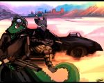  2017 absurd_res anthro biped black_clothing black_shirt black_topwear bottomwear brown_clothing brown_topwear caprine car clothed clothing desert detailed_background digital_media_(artwork) digital_painting_(artwork) dirtyscoundrel duo eyewear fully_clothed fur goat goggles green_eyes green_scales green_tail grey_ears grey_fur grey_horn gun hi_res holding_object holding_weapon horn lizard looking_at_viewer male mammal outside pants ranged_weapon red_eyes reptile scales scalie shirt signature tan_bottomwear tan_clothing tan_pants topwear vehicle weapon 