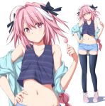  ahoge alternate_costume astolfo_(fate) bare_shoulders black_bow black_legwear blue_hoodie blue_shirt blush bow braid candy casual collarbone commentary crop_top denim denim_shorts eyebrows_visible_through_hair fate/apocrypha fate/grand_order fate_(series) food full_body hair_between_eyes hair_bow hand_on_hip hand_up head_tilt highres holding_lollipop lollipop long_hair looking_at_viewer male_focus midriff multicolored_hair navel nori_tamago off_shoulder otoko_no_ko pink_eyes pink_footwear pink_hair shadow shirt shoes short_shorts shorts simple_background sleeveless sleeveless_shirt sneakers solo standing stomach streaked_hair striped striped_shirt thighhighs upper_body white_background white_hair zoom_layer 