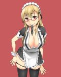  alternate_eye_color alternate_hair_color apron black_legwear blonde_hair blush breasts cleavage cowboy_shot glasses hair_between_eyes hair_ornament hairclip kantai_collection large_breasts long_hair looking_at_viewer maid maid_headdress moshi_(atelier33-4) panties panty_pull pulled_by_self red-framed_eyewear red_background red_eyes semi-rimless_eyewear short_sleeves simple_background smile solo suzuya_(kantai_collection) sweat thighhighs under-rim_eyewear underwear undressing wrist_cuffs 
