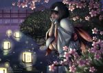  black_hair cherry food fruit japanese_clothes light mask night nora_(noragami) noragami purple_eyes short_hair spukycat tree water yukata 