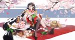  absurdly_long_hair alternate_hair_color alternate_skin_color animal asymmetrical_legwear black_hair black_legwear cherry_blossoms chopsticks cup dated dog earrings fang flower full_body geta hair_flower hair_ornament hairband jewelry jianyi_(quadra) long_hair low-tied_long_hair onmyoji open_mouth orb picnic_basket pink_flower pointy_ears red_hairband red_skirt rope sitting skirt solo teacup teapot tiaotiaomeimei very_long_hair wide_sleeves yellow_eyes 