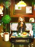  absurdres arcade_cabinet bendy_straw brown_hair cat cellphone commentary_request couch cup drinking_glass drinking_straw electric_fan food green_eyes hair_ornament hairclip highres jacket lamp long_hair long_sleeves menu original phone plant plate potted_plant sitting tao_(tao15102) watch 