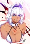  animal_ears armlet azusa_(hws) blue_eyes caenis_(fate) dark_skin dated fate/grand_order fate_(series) grin hair_intakes signature smile solo tattoo upper_body white_hair 
