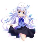  angora_rabbit animal animal_on_head asa_(swallowtail) bangs black_skirt blue_bow blue_eyes blue_flower blue_footwear blue_hair blue_vest blush bow bunny chestnut_mouth collared_shirt eyebrows_visible_through_hair flower gochuumon_wa_usagi_desu_ka? hair_between_eyes hair_ornament hand_up kafuu_chino kneehighs long_hair long_sleeves looking_at_viewer mary_janes on_head parted_lips petals rabbit_house_uniform shirt shoes skirt skirt_hold tippy_(gochiusa) uniform very_long_hair vest waitress white_background white_legwear white_shirt x_hair_ornament 