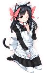  akasaka_ikuno alternate_costume animal_ears apron bangs black_dress black_eyes black_footwear black_hair bow cat_ears cat_tail collared_dress commentary_request debutya_aki dress enmaided eyebrows_visible_through_hair fake_animal_ears fake_tail finger_to_mouth full_body hair_bow heart long_hair long_sleeves looking_at_viewer maid maid_apron mary_janes medium_dress motion_lines neck_ribbon one_eye_closed pantyhose pink_bow pink_neckwear ribbon saki seiza shoes simple_background sitting smile solo spoken_heart tail white_apron white_background white_legwear 
