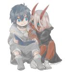  1girl bandaged_feet bandages black_hair blue_eyes book coat commentary couple darling_in_the_franxx fur_trim green_eyes grey_coat hiro_(darling_in_the_franxx) holding holding_book horns long_hair looking_at_another oni_horns parka pink_hair red_horns red_skin ricenyan signature sitting spoilers zero_two_(darling_in_the_franxx) 
