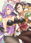  alternate_costume animal_ears bare_shoulders black_gloves breast_press breasts brown_hair bunny_ears bunnysuit camilla_(fire_emblem_if) carrot commentary easter_egg egg eye_contact fake_animal_ears fire_emblem fire_emblem_heroes fire_emblem_if flower gebyy-terar gloves hair_flower hair_ornament hair_over_one_eye kagerou_(fire_emblem_if) large_breasts leotard looking_at_another multiple_girls pantyhose purple_hair signature simple_background twitter_username white_background 