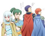  2girls amezuku blue_hair blush cape dress eliwood_(fire_emblem) fire_emblem fire_emblem:_rekka_no_ken green_eyes green_hair hair_ornament hector_(fire_emblem) high_ponytail long_hair lyndis_(fire_emblem) mamkute multiple_boys multiple_girls ninian open_mouth ponytail red_eyes red_hair short_hair side_slit smile translated 