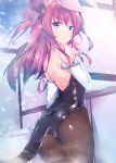  animal_ears ass bare_shoulders blue_eyes breasts bunny_ears bunnysuit curled_horns detached_sleeves dragon_girl dragon_tail elizabeth_bathory_(fate) elizabeth_bathory_(fate)_(all) fake_animal_ears fate_(series) fishnet_legwear fishnet_pantyhose fishnets highres horns leotard long_hair looking_at_viewer looking_back pantyhose pink_hair pointy_ears small_breasts solo tail twiska_(doubitian) two_side_up 