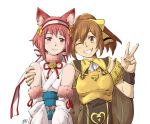  animal_ears blush brown_eyes brown_hair dl dyute_(fire_emblem) fire_emblem fire_emblem_echoes:_mou_hitori_no_eiyuuou fire_emblem_heroes fire_emblem_if fox_ears hand_on_another's_shoulder multiple_girls one_eye_closed pink_hair sakura_(fire_emblem_if) simple_background smile white_background 
