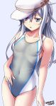  artist_name blue_eyes competition_swimsuit covered_navel cowboy_shot dated flat_chest grey_background grey_swimsuit hammer_and_sickle hat hibiki_(kantai_collection) highres kantai_collection long_hair one-piece_swimsuit open_mouth silver_hair simple_background solo swimsuit tsuchimiya verniy_(kantai_collection) white_hat 