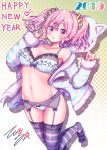  1girl 2019 :o absurdres animal_hood aqua_bra aqua_panties armpits bangs bare_shoulders black_legwear blush bra breasts cleavage collarbone commentary_request earrings frilled_bra frills garter_belt groin hair_between_eyes hair_ornament hair_scrunchie hands_up happy_new_year highres hood hoodie jewelry large_breasts leg_up lingerie long_hair long_sleeves looking_at_viewer navel new_year no_shoes original panties parted_lips pinching_sleeves pink_hair polka_dot polka_dot_background red_eyes scrunchie shadow sidelocks signature skindentation sleeves_past_wrists solo sparkle star star_earrings stomach strap_gap striped striped_legwear tenzeru thighhighs twintails underwear wavy_hair yellow_scrunchie 