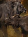  2018 bite digital_media_(artwork) duo feline female feral fur lion male mammal open_mouth simple_background tamberella tan_fur teeth whiskers 