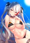 :q arm_support atori azur_lane bangs beach bikini black_bikini black_choker black_ribbon blue_sky blush breasts brown_eyes choker cleavage closed_mouth cloud collarbone commentary_request day eyebrows eyebrows_visible_through_hair finger_to_mouth flag_print german_flag german_flag_bikini highlights large_breasts licking_lips long_hair looking_at_viewer mole mole_on_breast multicolored_hair naughty_face navel ocean outdoors prinz_eugen_(azur_lane) ribbon sand sideboob silver_hair sitting sky smile solo streaked_hair swept_bangs swimsuit thigh_strap tongue tongue_out two_side_up water 