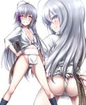  ahoge ass black_legwear blue_eyes blush commentary_request flat_chest fundoshi grin groin hand_on_hip hands_on_hips hoshi_shouko idolmaster idolmaster_cinderella_girls japanese_clothes kneehighs long_hair navel rope shirt silver_hair smile solo tango_(tn500) white_shirt 