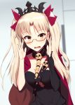  adjusting_eyewear bangs bespectacled black_cape blonde_hair blurry breasts cape commentary_request depth_of_field detached_collar ereshkigal_(fate/grand_order) fate/grand_order fate_(series) glasses highres kuroshiro_(ms-2420) long_hair looking_at_viewer medium_breasts multicolored multicolored_cape multicolored_clothes open_mouth parted_bangs red-framed_eyewear red_cape red_eyes semi-rimless_eyewear single_sleeve skull solo spine tiara two_side_up under-rim_eyewear upper_body wavy_mouth 