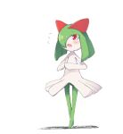  1girl blush eyebrows_visible_through_hair female flan_(harry_mackenzie) flying_sweatdrops full_body gen_3_pokemon green_hair hair_over_one_eye hands_together hands_up kirlia no_humans open_mouth pokemon pokemon_(creature) red_eyes short_hair simple_background solo standing 