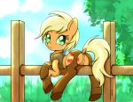  2018 anus applejack_(mlp) blonde_hair canister_(artist) chaps clothing cutie_mark dock female fence feral freckles friendship_is_magic green_eyes hair looking_at_viewer looking_back my_little_pony pussy smile solo straddling tree vest 