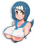  1girl areolae bare_shoulders blue_eyes blue_hair freckles highres lips low_ponytail milf nipple_slip nipples pokemon pokemon_sm pokemon_sm_(anime) ponytail randomboobguy smile solo suiren&#039;s_mother_(pokemon) underboob upper_body 