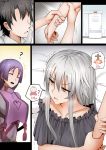  2girls ? blush bodysuit breasts brown_hair closed_eyes comic commentary faceless faceless_male fate/grand_order fate_(series) fujimaru_ritsuka_(male) ginhaha heavy_breathing holding_another's_arm jeanne_d'arc_(alter)_(fate) jeanne_d'arc_(fate)_(all) large_breasts level_up long_hair minamoto_no_raikou_(fate/grand_order) multiple_girls purple_hair silent_comic silver_hair trembling 