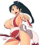  areola_slip areolae armpits breasts cleavage dated fan fatal_fury hand_on_hip high_ponytail huge_breasts japanese_clothes long_hair looking_at_viewer looking_down red_eyes shiranui_mai signature simple_background smile solo the_king_of_fighters thighs tsukudani_(coke-buta) white_background 