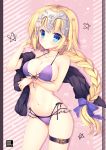  bangs bare_arms bare_shoulders bikini blonde_hair blue_eyes blush bow braid breasts cleavage closed_mouth collarbone commentary_request eyebrows_visible_through_hair fate/grand_order fate_(series) hair_bow head_tilt headpiece jeanne_d'arc_(fate) jeanne_d'arc_(fate)_(all) large_breasts long_hair looking_at_viewer mitha purple_bikini purple_bow smile solo star swimsuit very_long_hair 