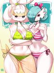  2_girls bikini gardevoir kenron_toqueen pheromosa pokemon striped_bikini swimsuit thighs 