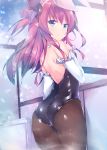  animal_ears ass bare_shoulders blue_eyes breasts bunny_ears bunnysuit curled_horns detached_sleeves dragon_girl elizabeth_bathory_(fate) elizabeth_bathory_(fate)_(all) fake_animal_ears fate_(series) fishnet_legwear fishnet_pantyhose fishnets highres horns leotard long_hair looking_at_viewer looking_back no_tail pantyhose pink_hair pointy_ears small_breasts solo tail twiska_(doubitian) two_side_up 