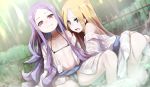  abigail_williams_(fate/grand_order) absurdres ass bangs bare_shoulders bikini black_bikini blonde_hair blue_eyes blush breasts closed_mouth collarbone day dutch_angle fate/grand_order fate_(series) forehead forest highres japanese_clothes kimono long_hair micro_bikini multiple_girls nature navel onsen open_clothes open_kimono open_mouth orange_bikini outdoors parted_bangs polka_dot polka_dot_bikini protected_link purple_eyes purple_hair side-tie_bikini sitting small_breasts smile sunlight swimsuit tree untied untied_bikini very_long_hair wada_kazu water white_kimono wu_zetian_(fate/grand_order) 