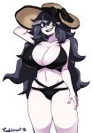  @_@ al_bhed_eyes bags_under_eyes bikini black_bikini black_hair breasts cleavage commentary commission english_commentary grey_eyes hat hex_maniac_(pokemon) highres huge_breasts long_hair messy_hair navel pale_skin pokemon pokemon_(game) pokemon_xy radlionheart solo standing stomach strap_gap sun_hat sweat swimsuit thick_thighs thighs transparent_background very_long_hair 