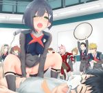  5boys bilibala black_hair black_legwear blonde_hair blue_hair boots brown_hair camera chinese_commentary closed_eyes commentary_request couple darling_in_the_franxx english_commentary futoshi_(darling_in_the_franxx) glasses gorou_(darling_in_the_franxx) green_eyes grey_shirt hands_on_another's_stomach hetero hiro_(darling_in_the_franxx) holding holding_camera holding_microphone horns ichigo_(darling_in_the_franxx) kokoro_(darling_in_the_franxx) long_hair lying mask microphone miku_(darling_in_the_franxx) military military_uniform mitsuru_(darling_in_the_franxx) multiple_boys multiple_girls necktie netorare no_pants on_back one_eye_closed oni_horns orange_neckwear pantyhose penis pink_hair pussy red_neckwear sex shirt short_hair sleep_molestation sleeping socks uniform vaginal white_footwear zero_two_(darling_in_the_franxx) zorome_(darling_in_the_franxx) 