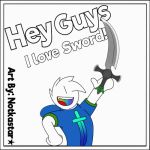 2018 animated clothed clothing digital_media_(artwork) english_text hair humanoid male max_(character) melee_weapon not_furry notkastar open_mouth rainbow smile solo sword text vertical_bar_eyes weapon 