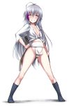  ahoge black_legwear blue_eyes blush commentary_request flat_chest fundoshi grin groin hand_on_hip hoshi_shouko idolmaster idolmaster_cinderella_girls japanese_clothes kneehighs long_hair navel rope shirt silver_hair smile solo tango_(tn500) white_shirt 