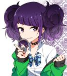  badge bangs bow button_badge character_print chibi commentary_request diagonal_bangs green_jacket idolmaster idolmaster_shiny_colors jacket jewelry kidachi long_hair looking_at_viewer nail_polish necklace pin purple_eyes purple_hair shirt simple_background smile solo tanaka_mamimi twintails white_shirt 
