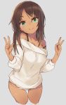  alice_gear_aegis bare_shoulders brown_hair closed_mouth commentary_request dark_skin double_v eyebrows_visible_through_hair green_eyes grey_background kaneshiya_sitara kawata_hisashi long_hair looking_at_viewer lowleg lowleg_panties off_shoulder panties simple_background smile solo sweater underwear v white_panties 