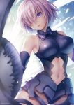  armor armored_leotard artist_name ass_visible_through_thighs backlighting bangs bare_shoulders black_armor black_leotard breasts commentary_request cowboy_shot elbow_gloves eyebrows_visible_through_hair fate/grand_order fate_(series) faulds gloves glowing groin_tendon hagino_kouta hair_over_one_eye halterneck highres hips holding holding_shield impossible_clothes impossible_leotard large_breasts lavender_hair legs_apart leotard looking_at_viewer mash_kyrielight md5_mismatch navel navel_cutout parted_lips purple_eyes shield short_hair skin_tight solo standing straight_hair thigh_strap thighs turtleneck 