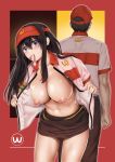  1girl black_hair blush breasts commentary_request condom cum cyclone employee_uniform fast_food_uniform hat highres large_breasts long_hair navel nipples original purple_eyes short_sleeves skirt uniform visor_cap 